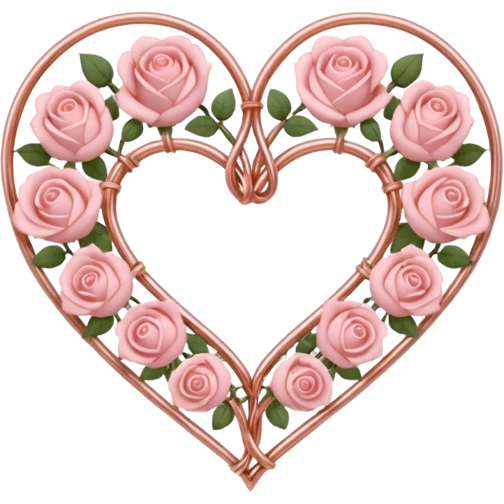 Rose-gold met wires tied into a heart shape with pastel pink roses adorning it emoji