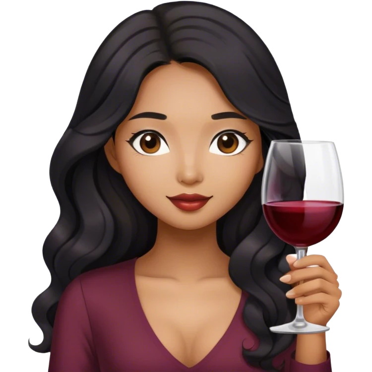 brown asian girl with black long wavy hair holding glass of wine emoji