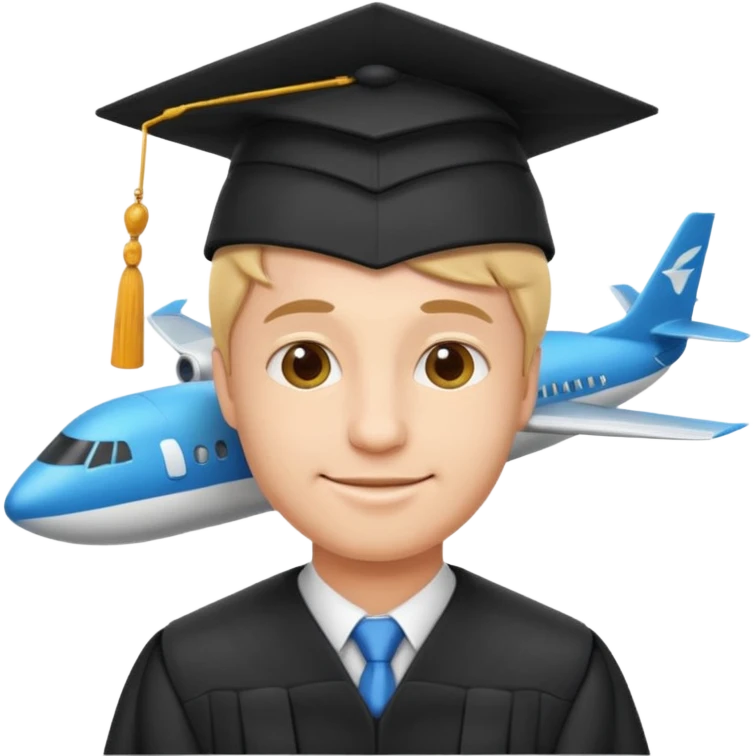 emoji man student at university with graduation cap and airplane, happy, programme erasmus,white background emoji
