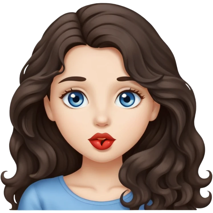 A girl with long, dark brown, wavy hair, grey-blue eyes, Sends a kiss emoji