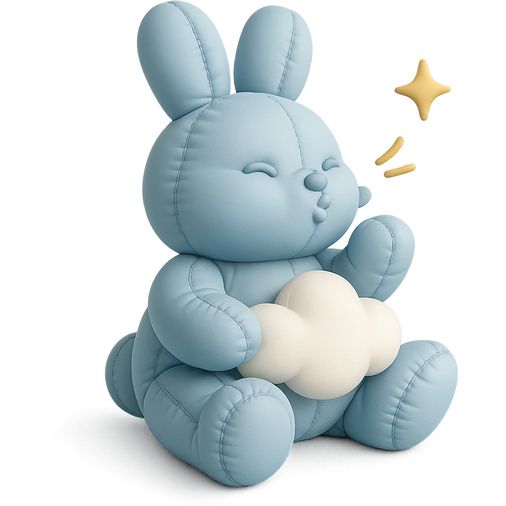 full-body pastel blue bunny with cloud, blowing a kiss with sparkles, cushion style emoji