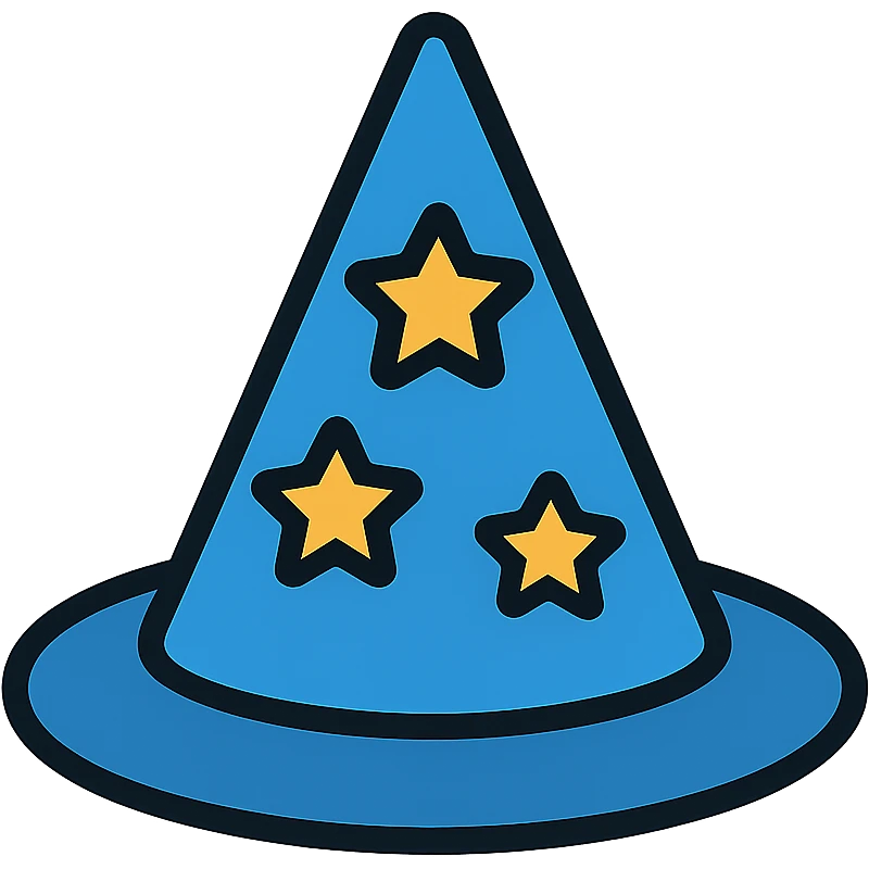Blue wizard hat with stars, magical conical hat with wide brim emoji