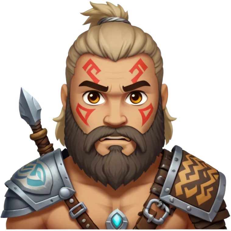 Clash of Clans aesthetic: Cinematic Rugged Barbarian Portrait Emoji, Intense and formidable with a heavily muscled physique, a rugged beard, piercing eyes and battle-worn armor adorned with tribal markings, his complexion a light tan that speaks of hard-fought battles, Simplified yet powerfully detailed features, highly detailed, glowing with a deep, primal energy, high shine, gritty and uncompromising, stylized with an air of raw, untamed power, focused and determined, soft glowing outline, capturing the essence of a barbarian warrior carved by countless battles and poised to lead his clan into epic conflict! emoji
