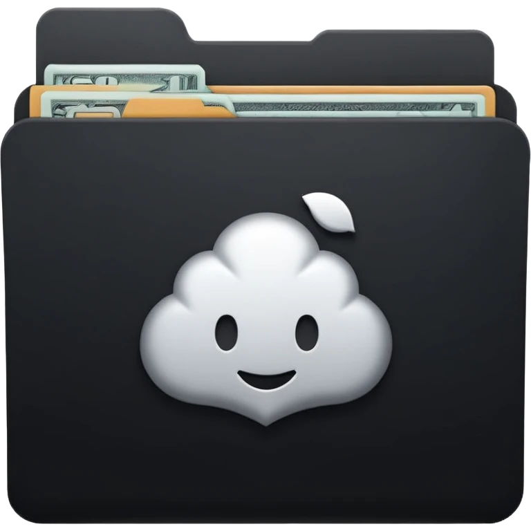 A minimal emoji-style icon of a matte black folder, slightly open, with a simple white or gold finance logo on the front symbolizing growth, stability, and money management, clean lines, subtle shading, and a professional, organized vibe. emoji