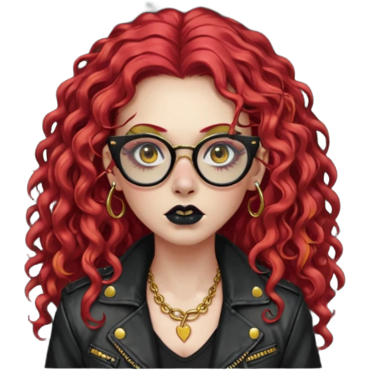 nonchalant zombie with long red curly hair, thick lashes, black square glasses, gold nose piercings on each side of her nose, and a gold eyebrow piercing. emoji
