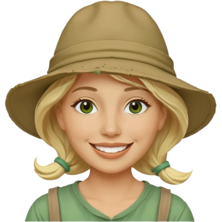 messy green full face clay mask and tourist hat blond woman  smiling and clay mask on full face emoji