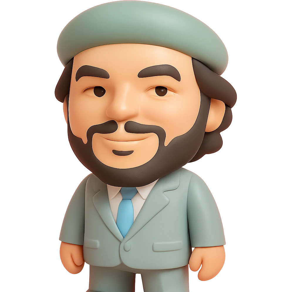 Che Guevara in a suit and tie, oversized head, confident smile, vinyl figure style emoji
