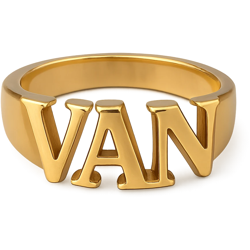 a gold ring featuring the letters V, A, and N emoji
