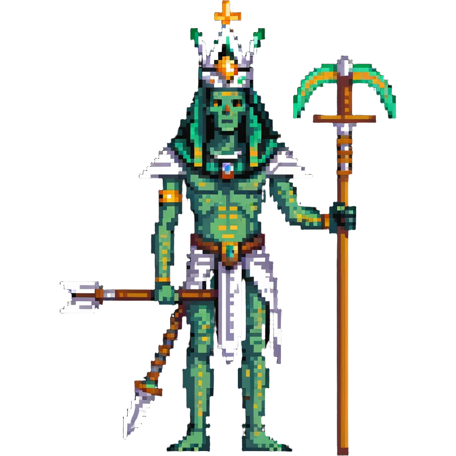 Egyptian god Osiris with green skin, mummified body, white Atef crown with feathers, holding crook and flail emoji