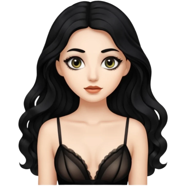 Beyaz tenli siyah tül çok açık elbise giyen siyah dalgalı saçı olan çekik gözlü  emoji