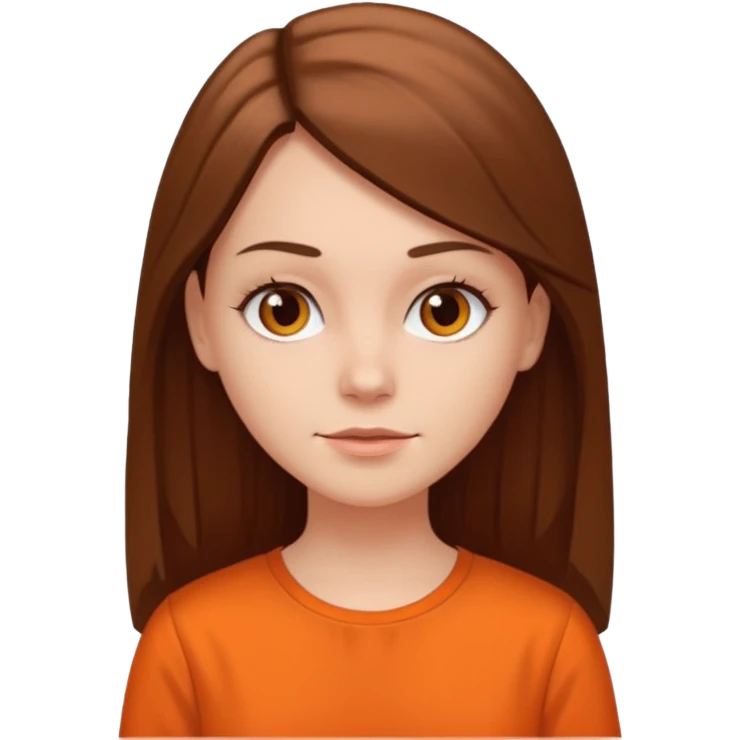 white girl with long straight hair and orange blouse not smiling emoji
