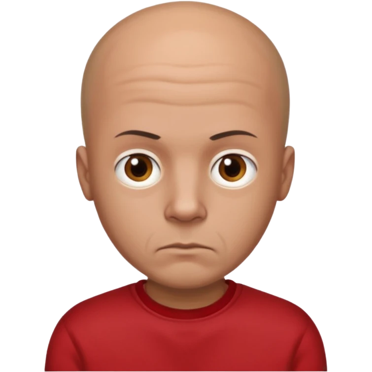 almost bald man, with hair on his head wearing a black sweatshirt and a red t-shirt under the sweatshirt and with brown eyes and a serious look  emoji
