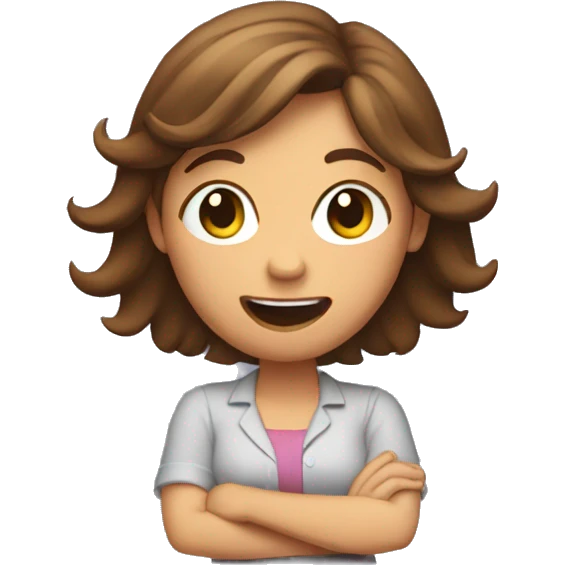 Female with brown hair shrugging with her arms up while laughing  emoji