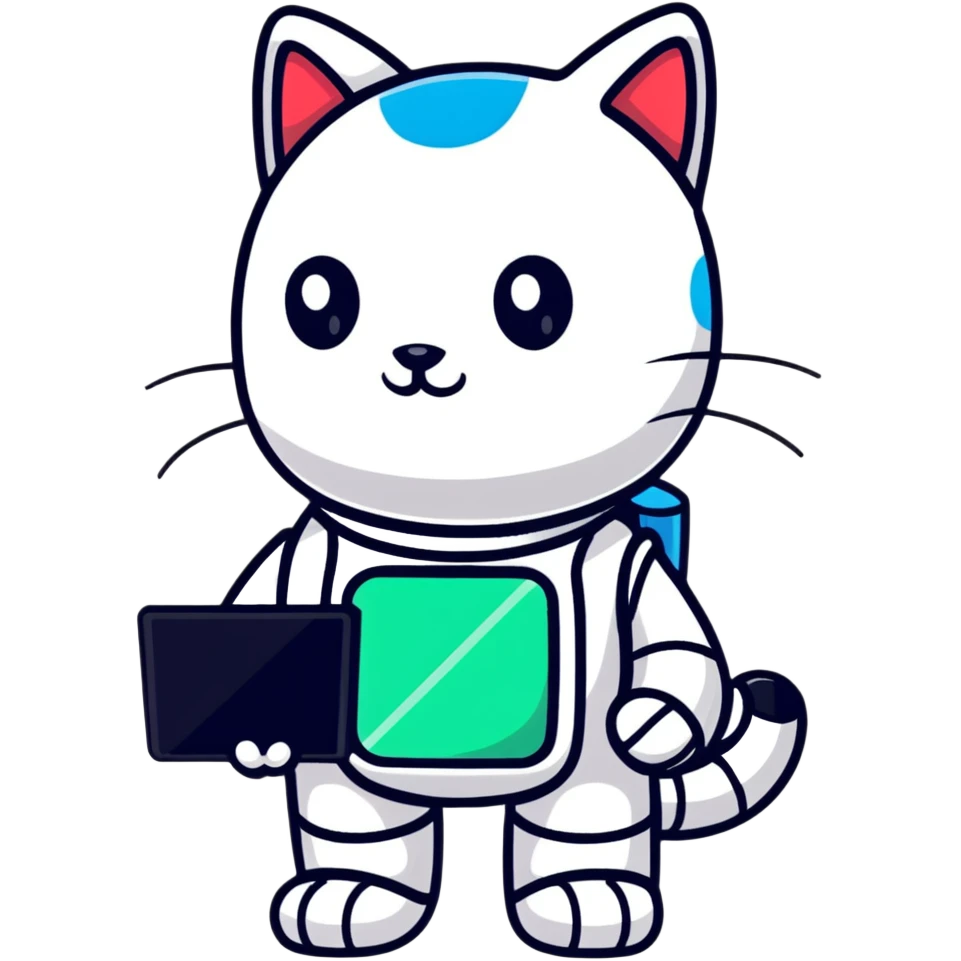 white standing robocat with a display instead of face emoji
