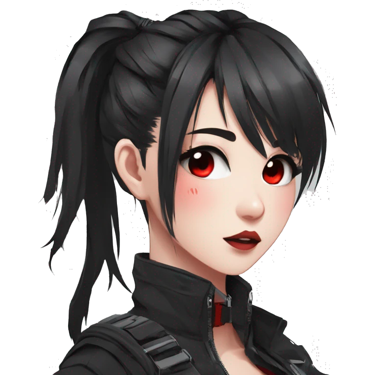 Gorgeous techwear anime style lady with blushing face aesthetic and pretty edgy black red punk messy ponytail with collar and harness trending style emoji