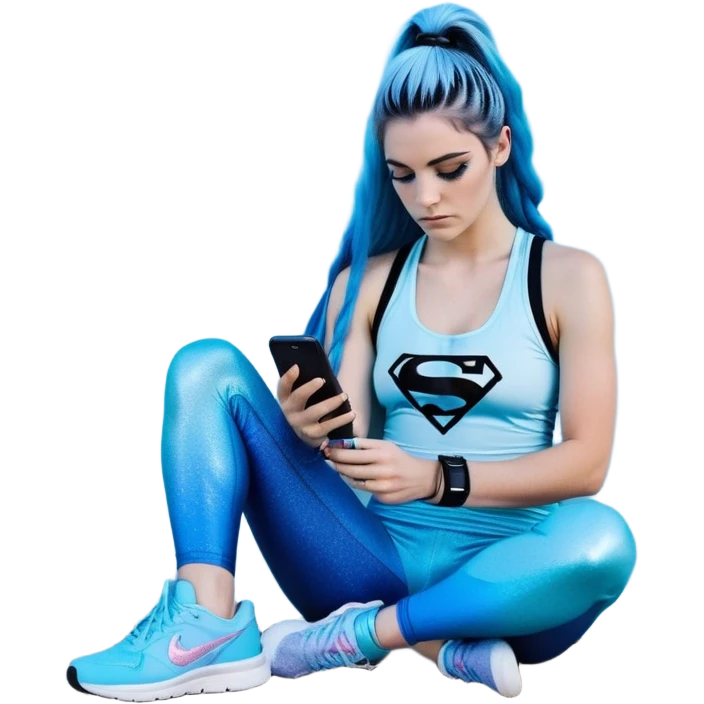 Shameful and disappointed-Female-very very very large chest-texting on a samsung cell phone-very long straight braided black to sky blue hair ombre-blue eyes-black eyeliner-long eyelashes-iridescent sky blue low cut tank top with glitter superman logo-matching leggings-nike hightop sneakers emoji