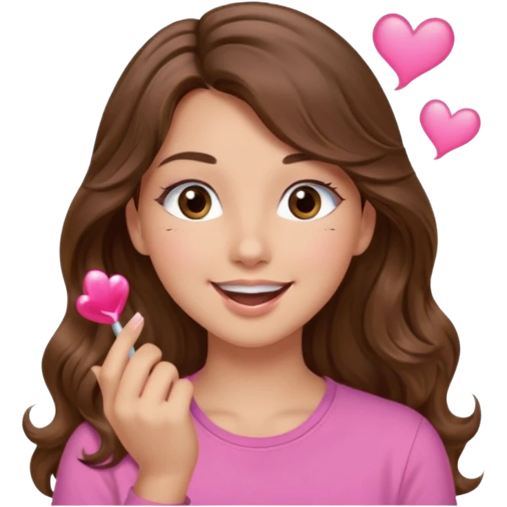 girl with long wavy brown hair, brown eyes, light to medium complexion, in a pink shirt, long lashes, blowing a kiss emoji