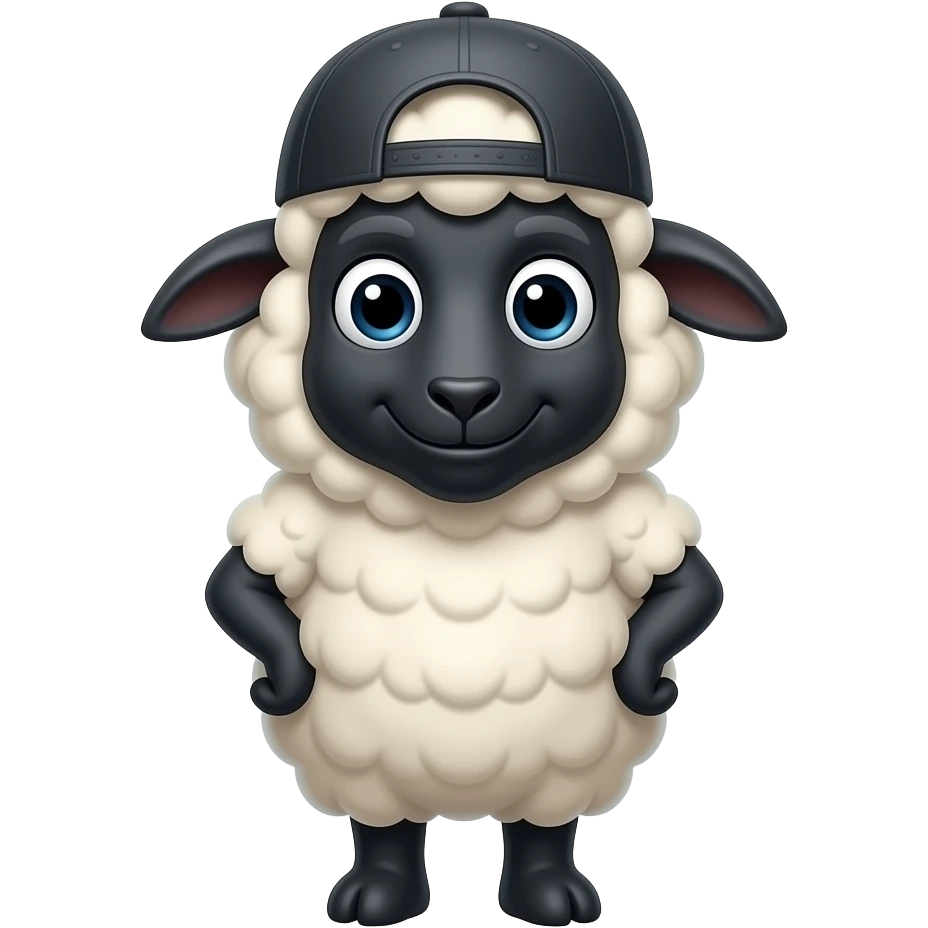 Black Sheep Bar & Grill: 3D emoji style, glossy surface, soft shadows, white background, centered, no text, cute male black sheep character, fluffy wool, wearing a backwards cap, friendly confident expression emoji