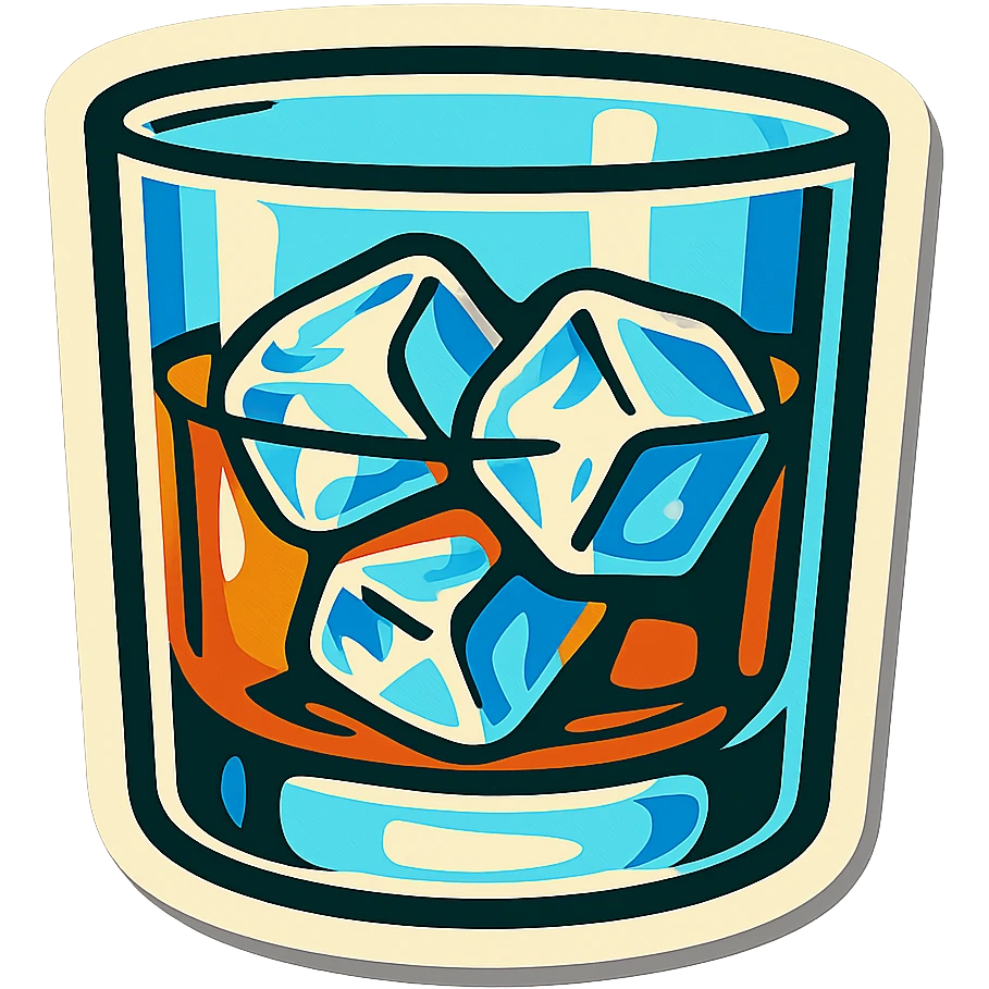 whiskey glass with ice, retro stickers style, sharp black outlines, expressive shadows and highlights, no gradients, only clear color transitions emoji