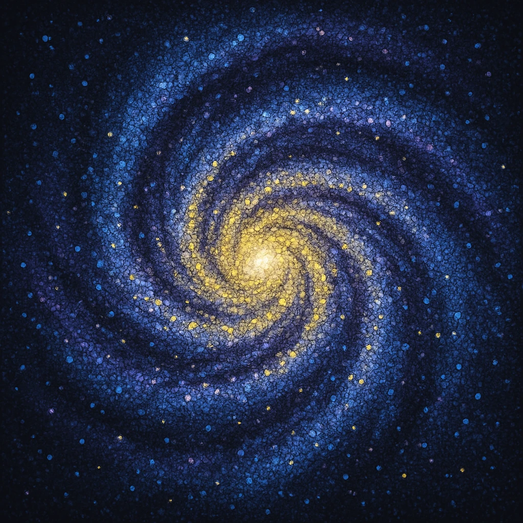 An abstract swirling galaxy pattern formed by thousands of dots ranging from deep blues and purples to bright yellows and whites emoji