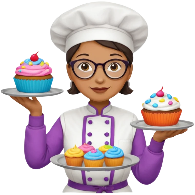 Older female pastry chef – round glasses, oven mitts on, holding a tray of cupcakes

 emoji