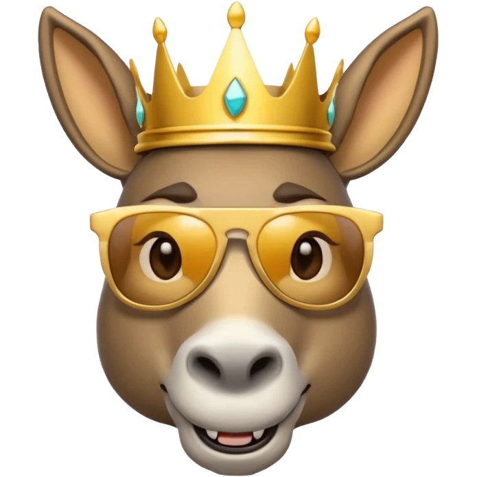 playful donkey wearing a crown and sunglasses, looking spoiled and sassy, emoji style emoji