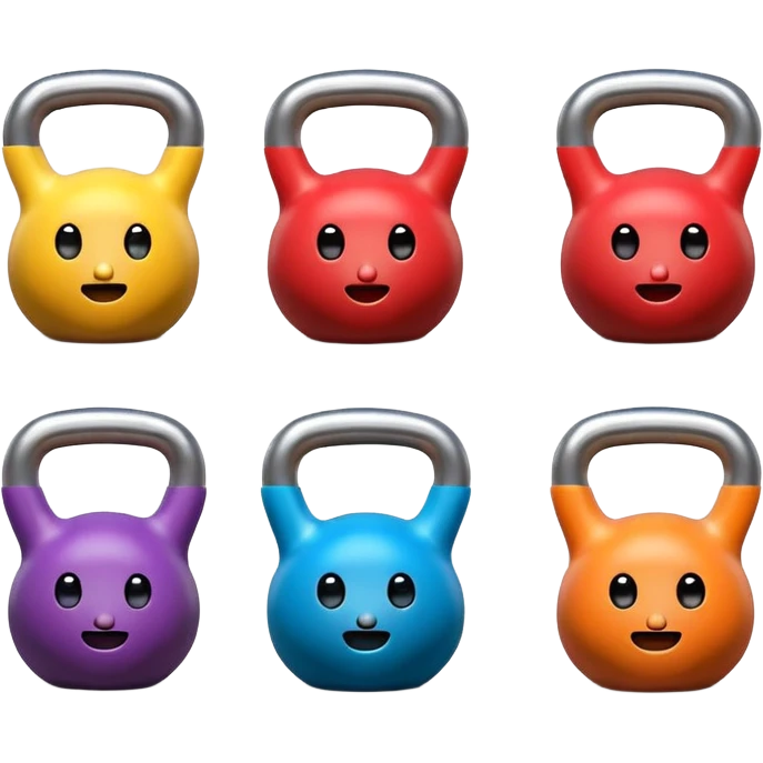 6 colorful cartoon kettlebells with faces, arms, legs, white background. emoji