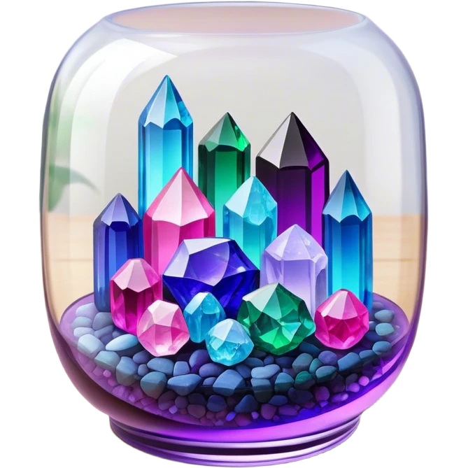 Close-up of vibrant, multicolored crystals growing in a glass container on a wooden table. Crystals in shades of purple, blue, green, pink, and clear are forming in various shapes and sizes. Soft light shines on them. Cozy indoor setting with plants and soft decor in the background. emoji