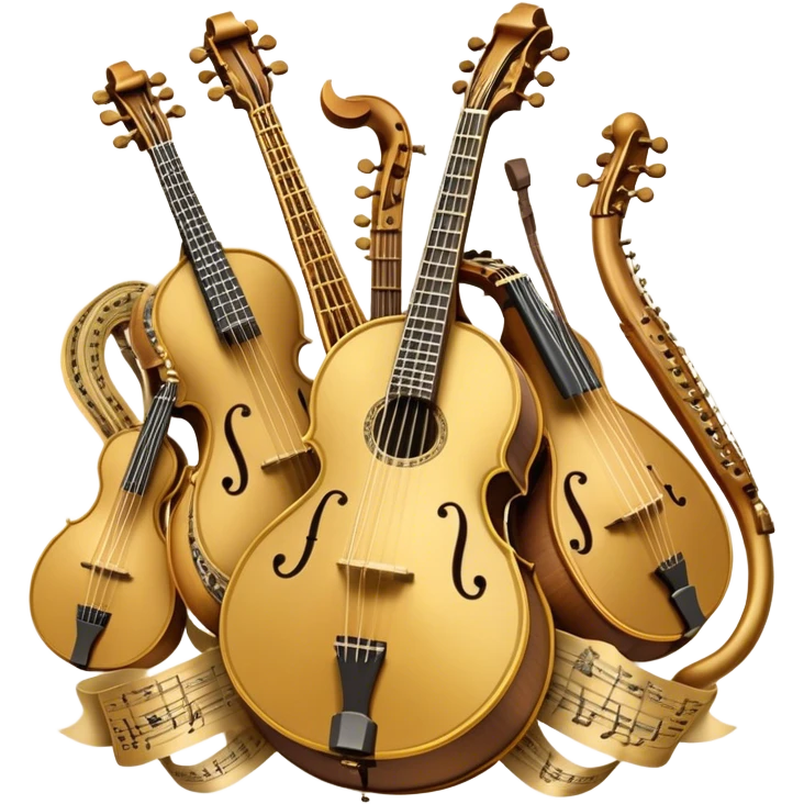 Create a grand, heraldic-style emoji collage representing plucked string instruments. The design should resemble a majestic emblem, featuring a collection of iconic instruments such as a banjo, mandolin, domra, sitar, and other plucked string instruments. Arrange the instruments symmetrically, with their necks and strings intertwining gracefully like a coat of arms. A flowing ribbon of musical notes should elegantly weave through the instruments, creating a sense of harmony and movement. The emblem should have a luxurious, golden and bronze color palette with intricate decorative elements, adding depth and a professional touch. Subtle lighting effects should highlight the polished wood and metal strings of the instruments. The background should be transparent, making the design adaptable for various uses emoji
