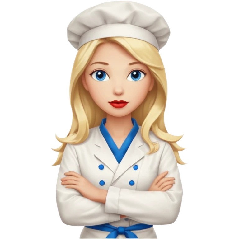 Beautiful, sexy,  long blonde hair, blue eyed, full red lips plunging v neck chefs coat, female chef arms folded  emoji