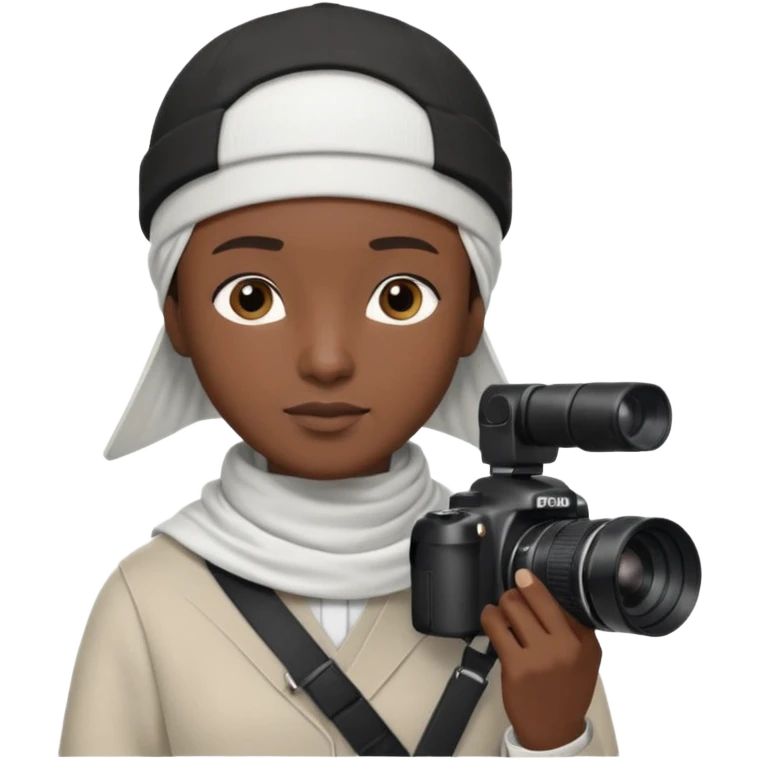 Black Muslim photographer, dark skin tone, dressed in a modest modern outfit, kufi cap, holding a DSLR camera (Canon/Nikon), focused expression, outdoor photoshoot setting, clean depth of field, highly realistic, detailed portrait, 4K. emoji