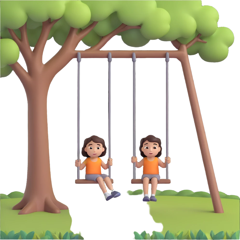 A person pushing a swing with a child sitting on it, outdoors, under a tree, in daylight. The swing is moving back and forth. Focus on the motion of swinging and the person gently pushing it emoji