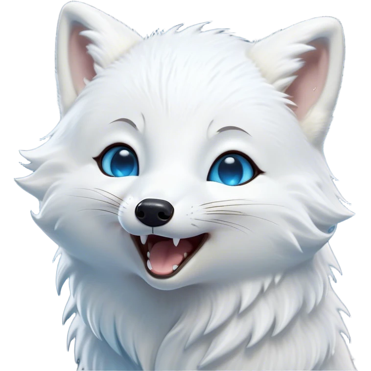 Cinematic Cute Yawning Arctic Fox Portrait Emoji, Head tilted slightly with a dramatic, wide-open yawn, showcasing a soft, downy white Fur with subtle icy blue accents and gently drooping ears, round eyes barely open in drowsy contentment, Simplified yet irresistibly adorable features, highly detailed, glowing with a soft, cozy glow, high shine, relaxed yet expressive, stylized with a touch of arctic whimsy, bright and endearing, soft glowing outline, capturing the essence of a sleepy yet affectionate arctic fox, so drowsy it feels like it could stretch out of the screen and curl up for a nap! emoji