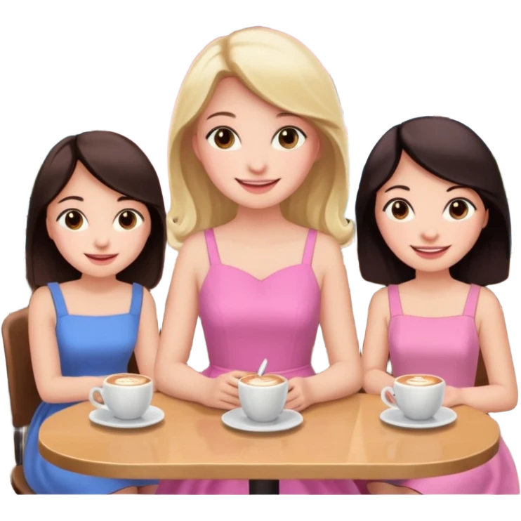 Девушка со светлыми волосами сидит в кафе весёлая с подружками у которых темные волосы в розовом платье emoji
