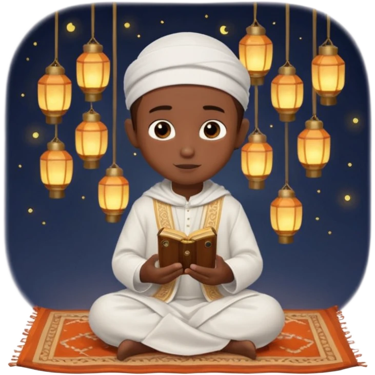 Personnage 3D mignon en style Pixar, un petit garçon portant un qamis blanc et un kufi, tenant un tapis de prière, entouré de lanternes brillantes, fond doux, couleurs chaudes, garçon teint noir TENANT UN APPAREIL PHOTO emoji