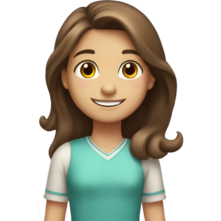 Girl with long brown hair and brown eyes smiling and waving at you. Caucasian, 6 years old emoji