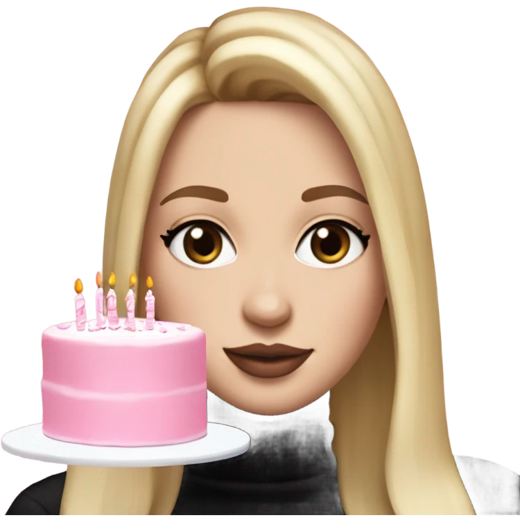 White girl with blonde straight hair, pink lips, dark eyes, black turtleneck, white and pink birthday cake in hands emoji