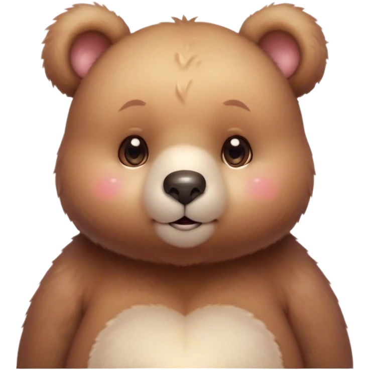 Cinematic cute soft bear, chubby round face, tiny ears, warm fuzzy fur, blushing cheeks, sparkling kind eyes, soft glowing background, heartwarming and huggable. emoji