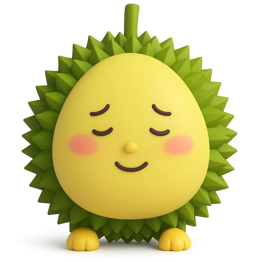 Change the expression of the durian character to a shy, blushing face, keeping all other characteristics the same. The style is 3D emoji style with a round, outline-free chibi durian with a green shell and yellow flesh. emoji