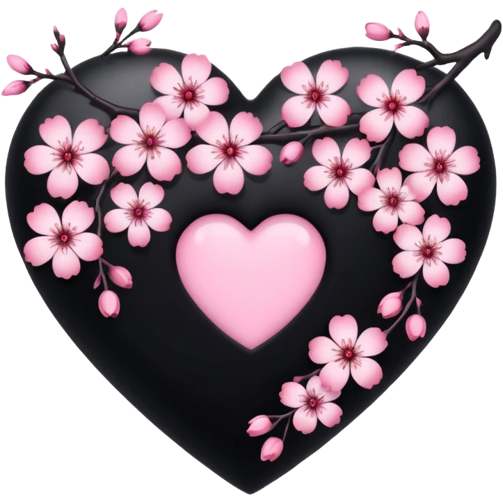 goth sakura heart, black heart with sakura branch and blossoms, pink highlights emoji