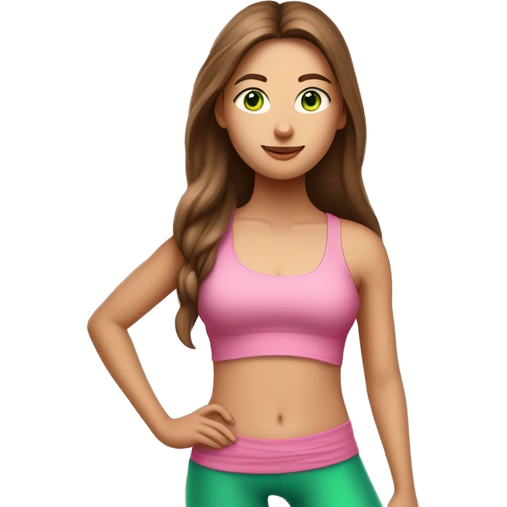 A girl with brown long hair, fair skin and green eyes stands tall in a yoga pose in a pink tank top and pink leggings emoji
