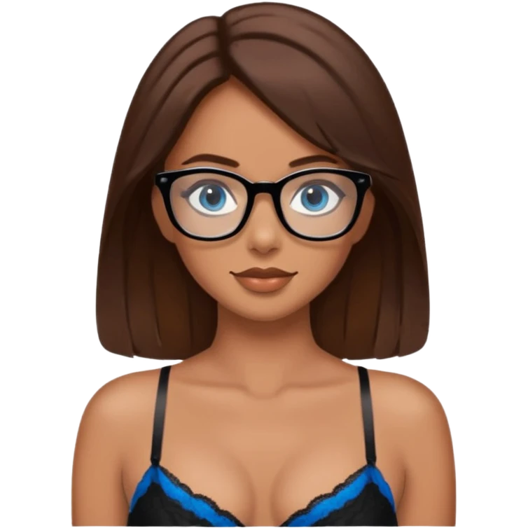Brown, brown hair, blue eye, beautiful woman with black glasses I’m wearing lingerie emoji