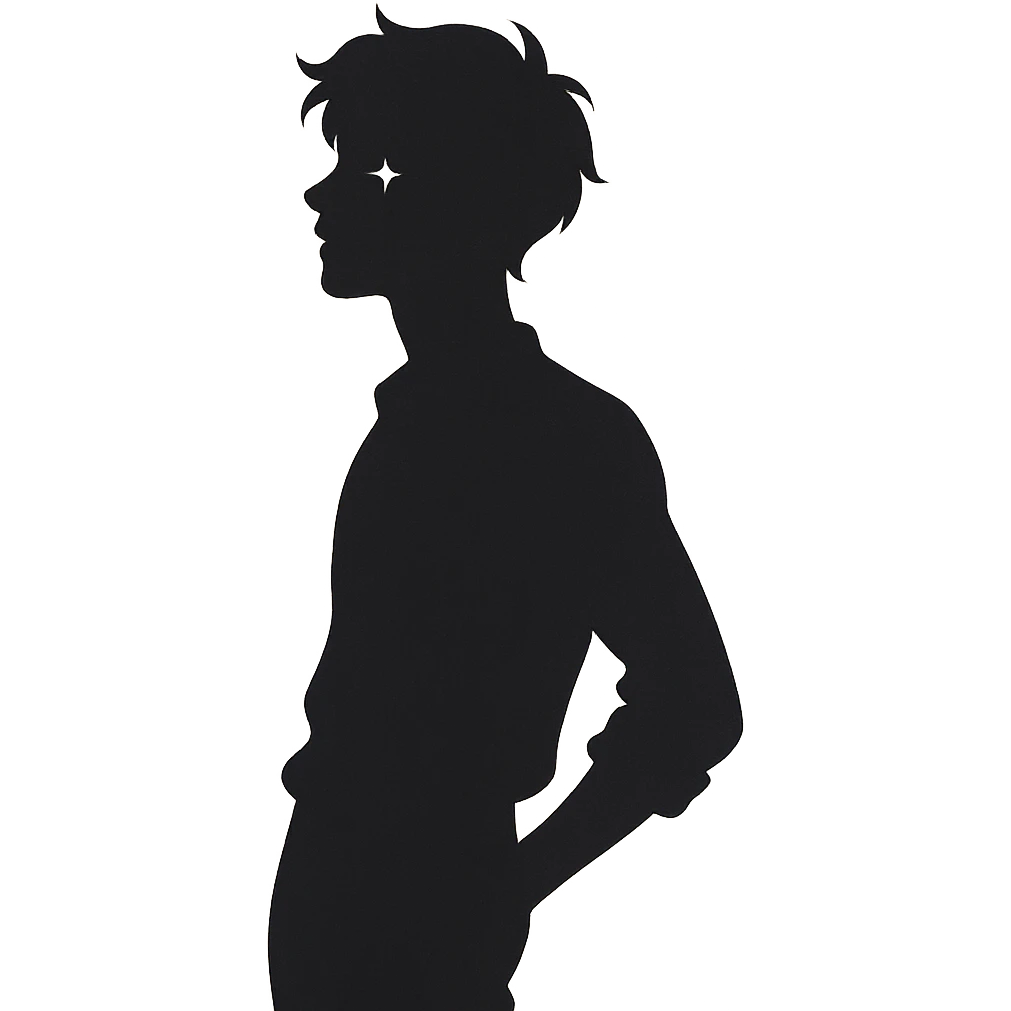 minimalist silhouette of a youthful male figure with a gentle pastel aura, subtle sparkle near the eyes, and a relaxed, confident pose, exuding effortless charm and playful unpredictability emoji