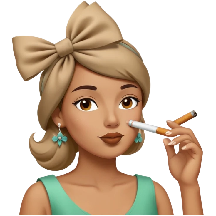 a relaxed smoking face with a cig in its hand and a bow on the head while blowing out the smoke  emoji