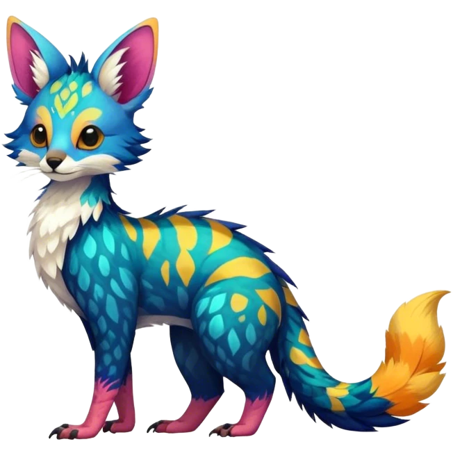 Feral Rare Fantasy vibrant colorful tropical Vernid-Trico-species by LiLaiRa, random markings, tufted tail, tufted ears, full body emoji
