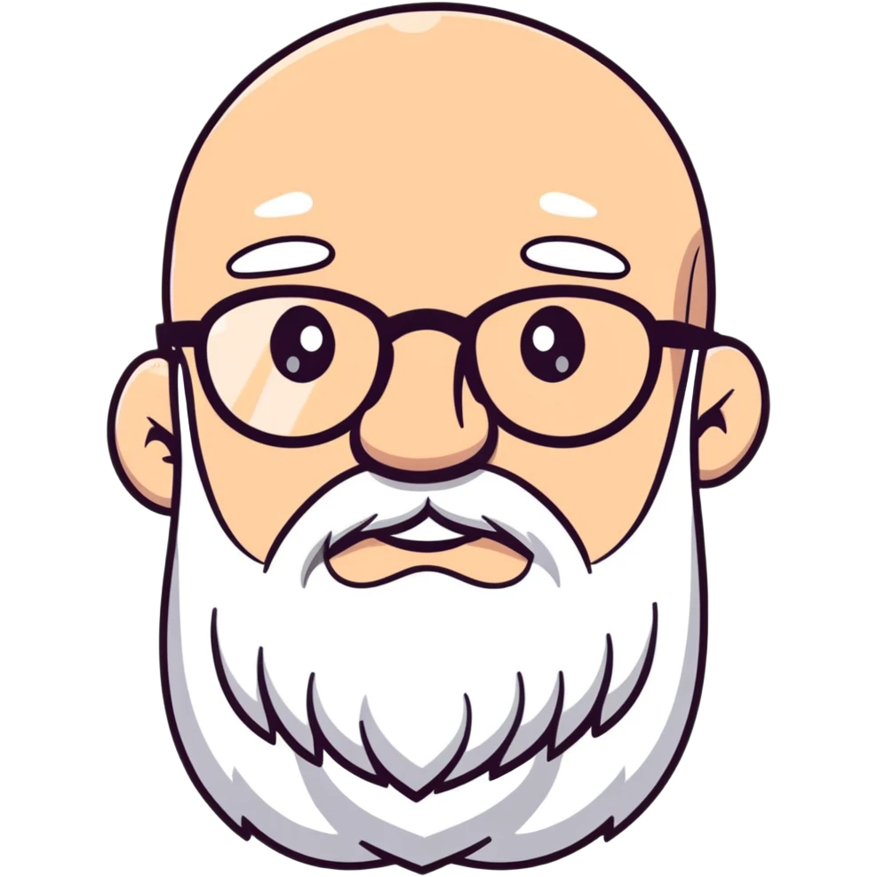 cartoon of a bald man with spectacles, long white beard, winking emoji
