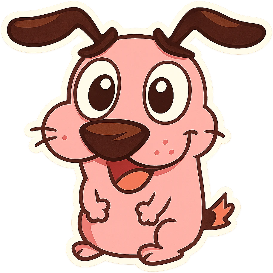 Courage the Cowardly Dog as a cute emoji, pink dog with big eyes, expressive face, cartoon style emoji