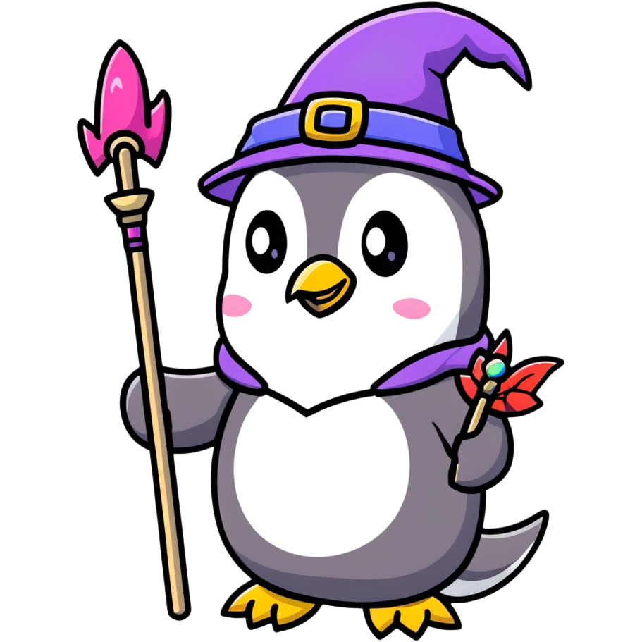 penguin wizard with a staff and hat surrounded by a small dragon, fairy, and unicorn emoji