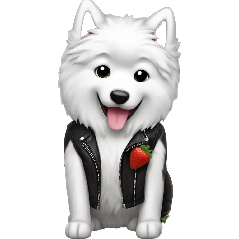 Samoyed dog eating vanila strawberry ice cream flavored wearing black leather jacket  emoji