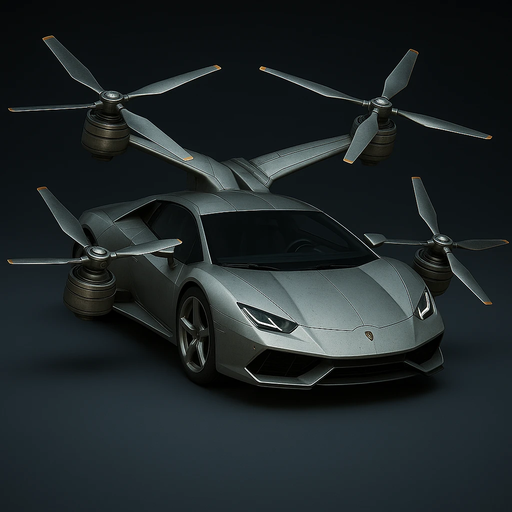 Redesign the flying car in the reference image to be lower and sleeker with proportions similar to a Lamborghini. Keep two wings on top, two on the sides, propellers on all wings, wheels, and a metallic finish. Maintain a photorealistic style for the redesign. emoji